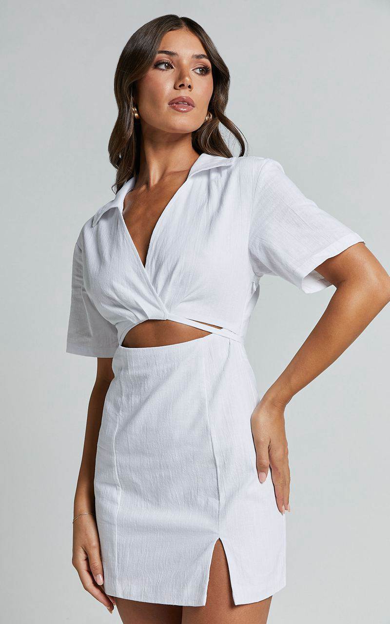 Showpo Marsha Mini Dress - Cut Out Short Sleeve Dress White | MCLENI932