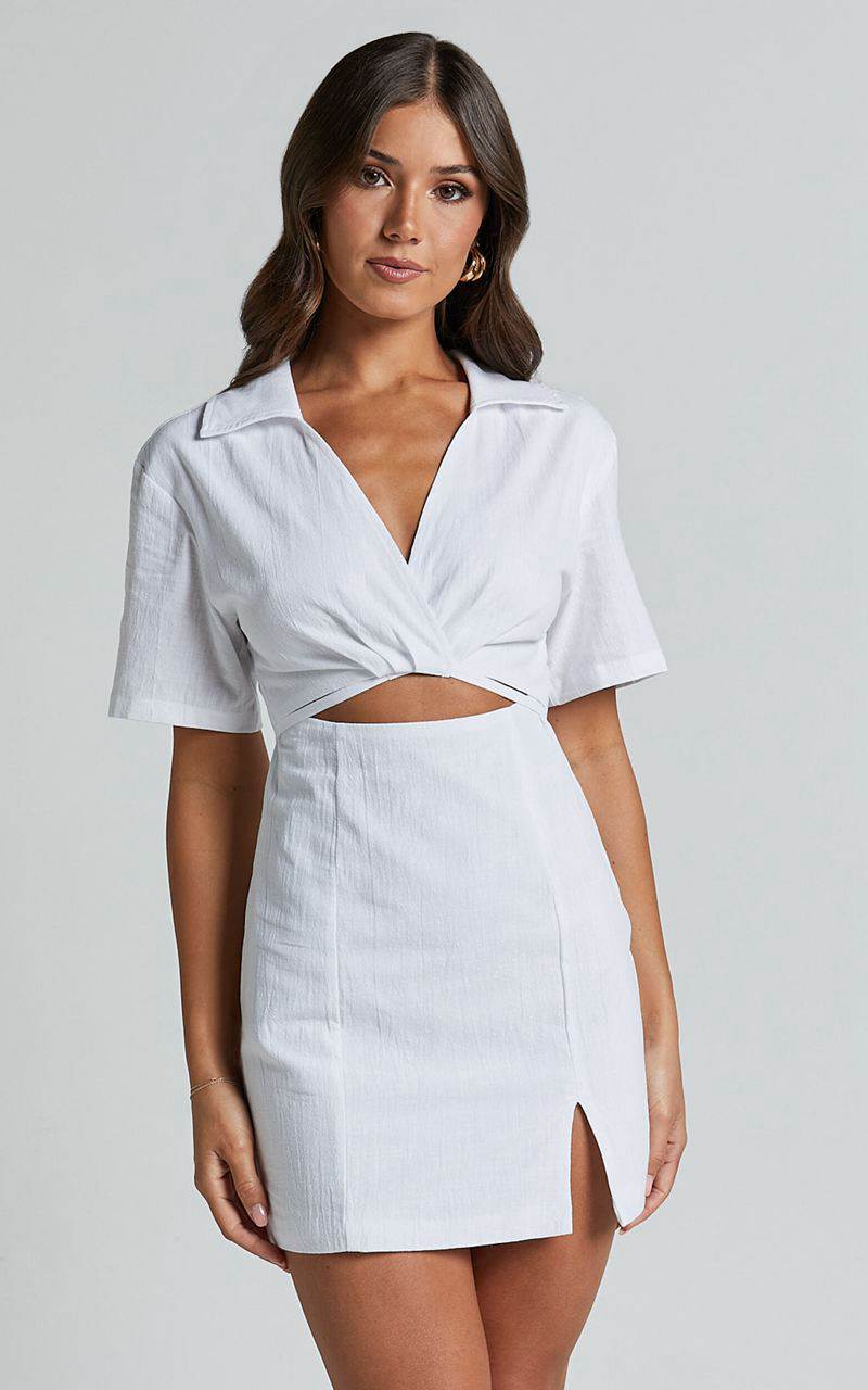 Showpo Marsha Mini Dress - Cut Out Short Sleeve Dress White | MCLENI932