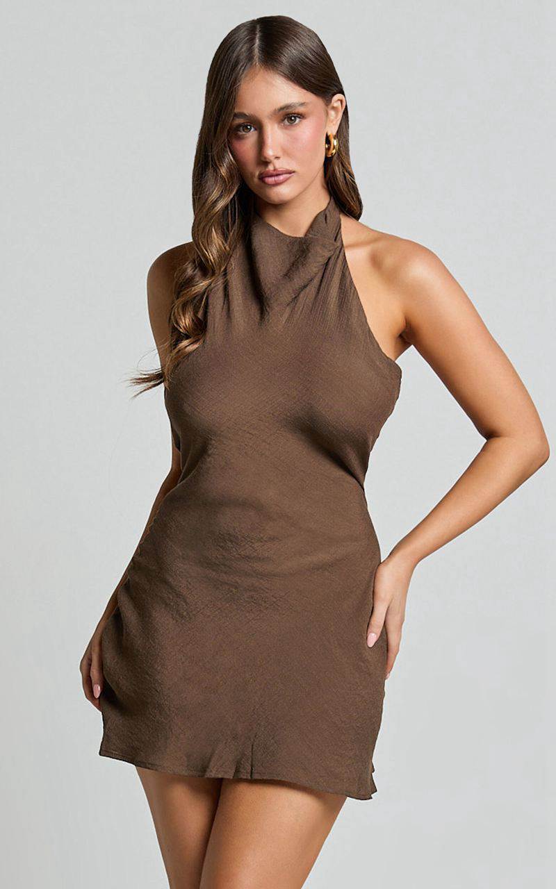 Showpo Martine Mini Dress - Halter Cowl Neck Low Tie Back Dress Brown | JCOFUL859