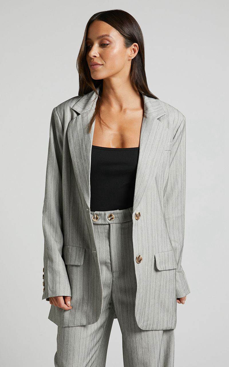 Showpo Maryanne Blazer - Oversized Blazer Grey Pinstripe | XDHPVB428