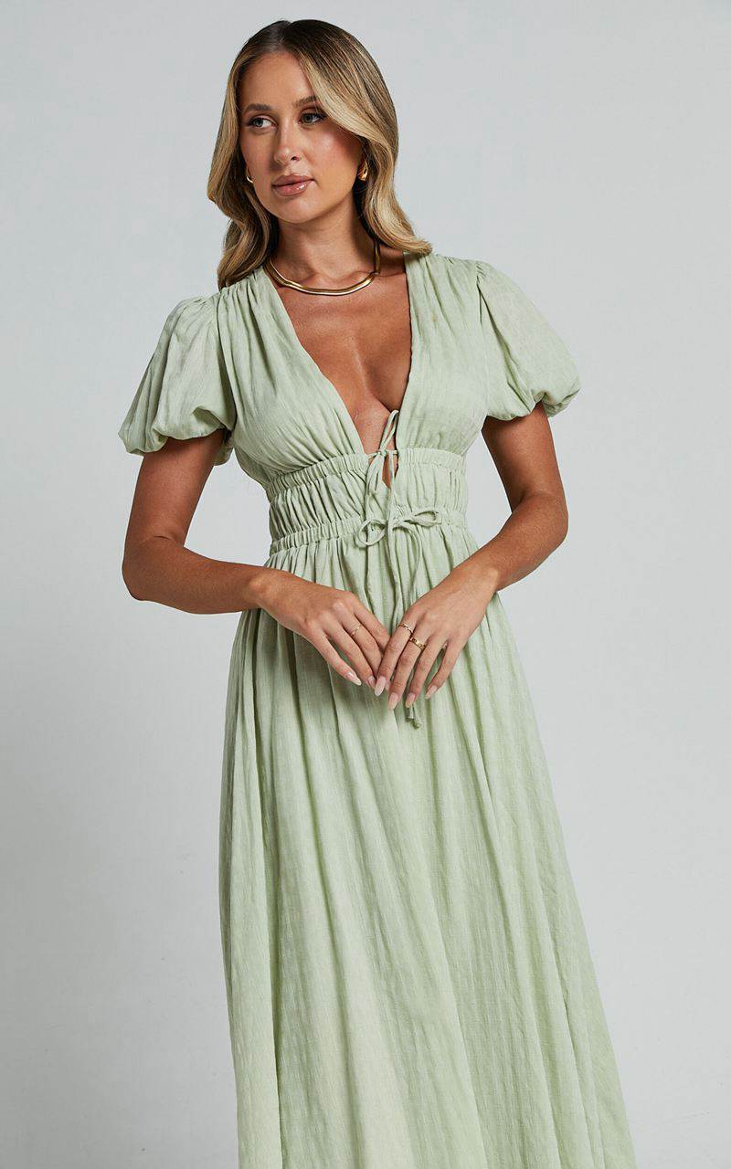 Showpo Matteo Midi Dress - Deep V Neck Puff Sleeve Dress Sage | FTWBYS312