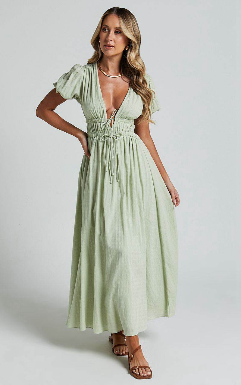 Showpo Matteo Midi Dress - Deep V Neck Puff Sleeve Dress Sage | FTWBYS312