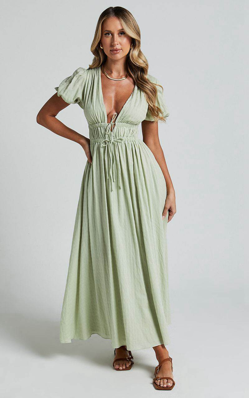 Showpo Matteo Midi Dress - Deep V Neck Puff Sleeve Dress Sage | FTWBYS312