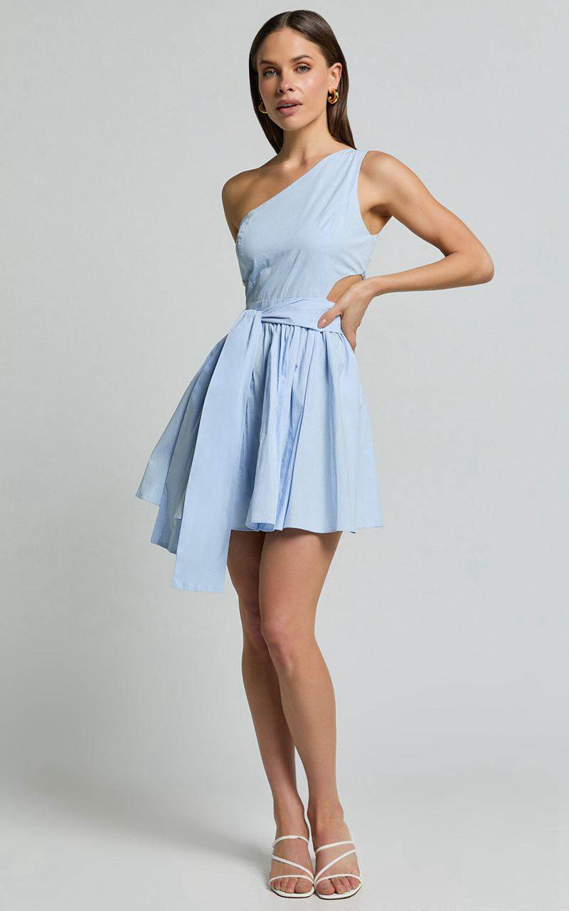 Showpo Mauee Mini Dress - One Shoulder Tie Waist Cut Out Dress Powder Blue | ILJRMY403