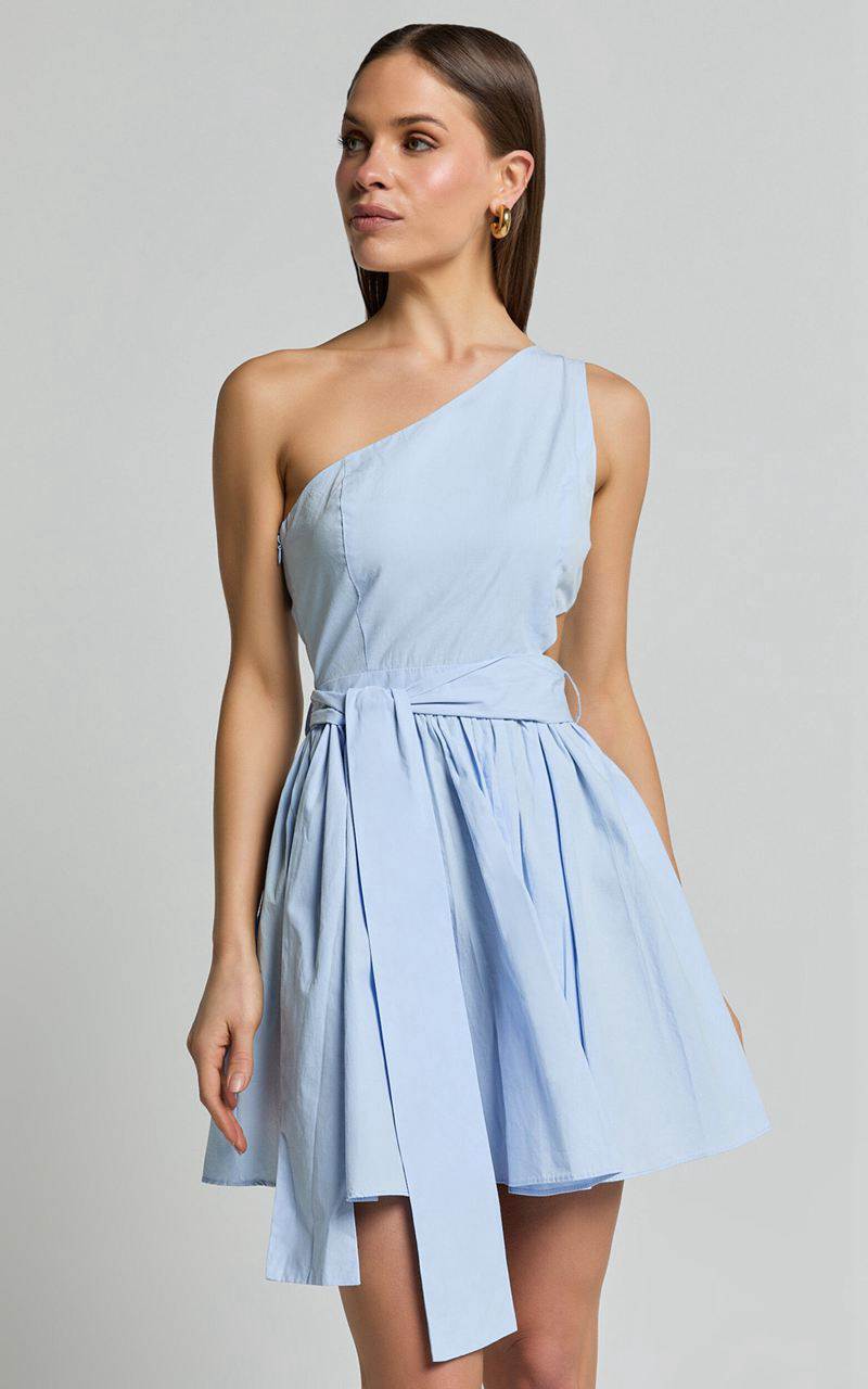 Showpo Mauee Mini Dress - One Shoulder Tie Waist Cut Out Dress Powder Blue | ILJRMY403