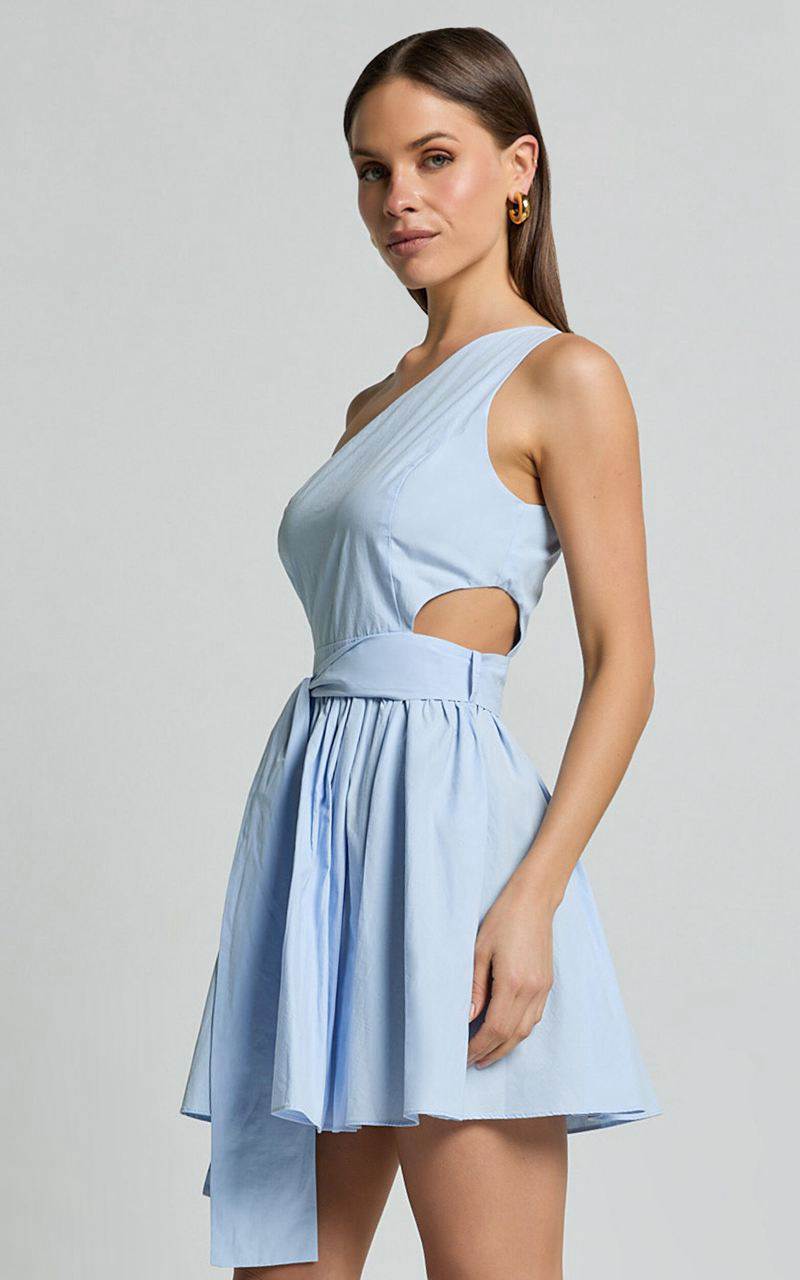 Showpo Mauee Mini Dress - One Shoulder Tie Waist Cut Out Dress Powder Blue | ILJRMY403