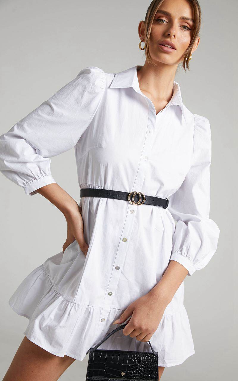 Showpo Maulee Mini Dress - Frill Hem Shirt Dress White | ZAPCIJ239