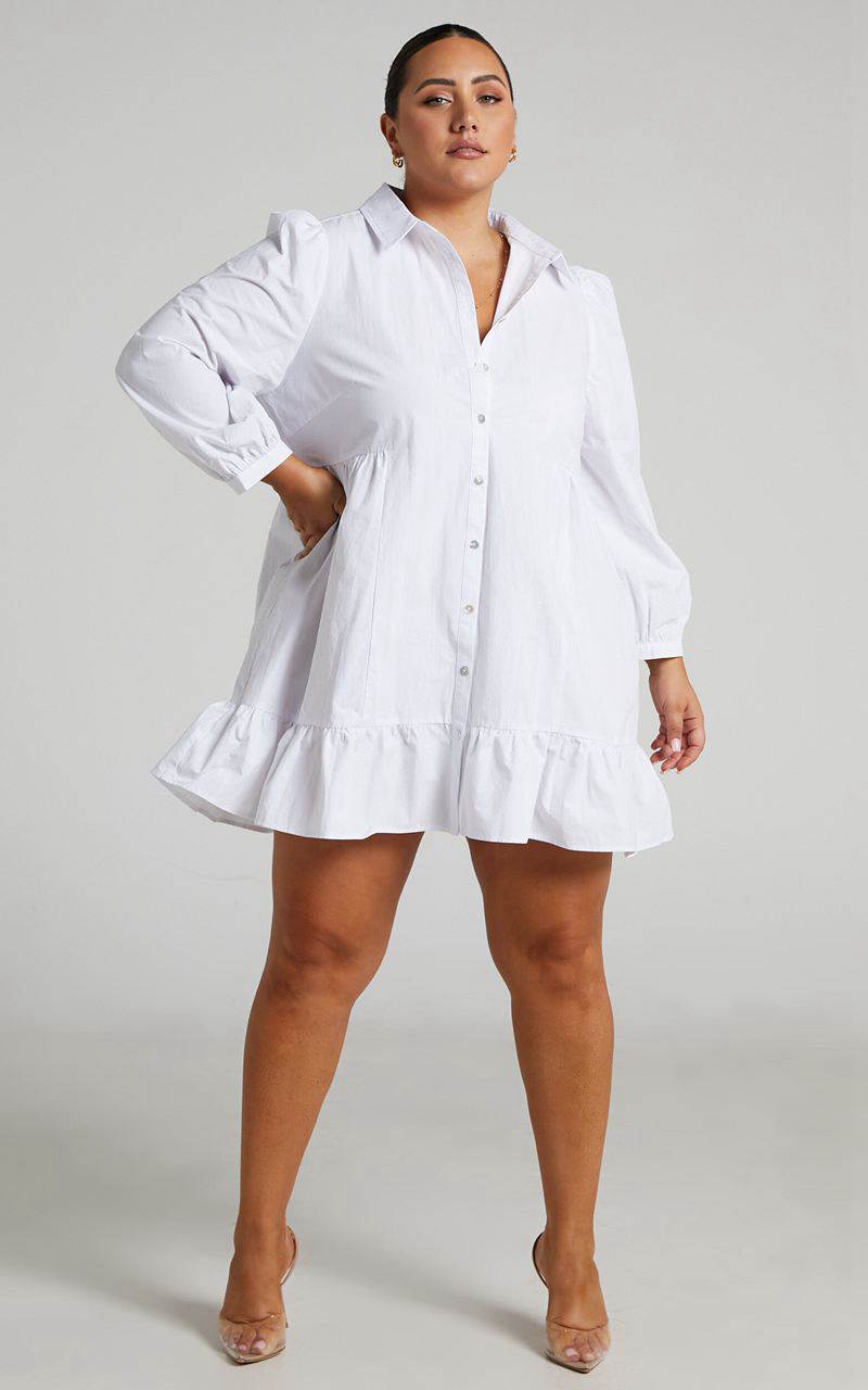 Showpo Maulee Mini Dress - Frill Hem Shirt Dress White | ZAPCIJ239