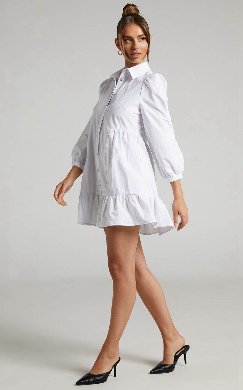 Showpo Maulee Mini Dress - Frill Hem Shirt Dress White | ZAPCIJ239