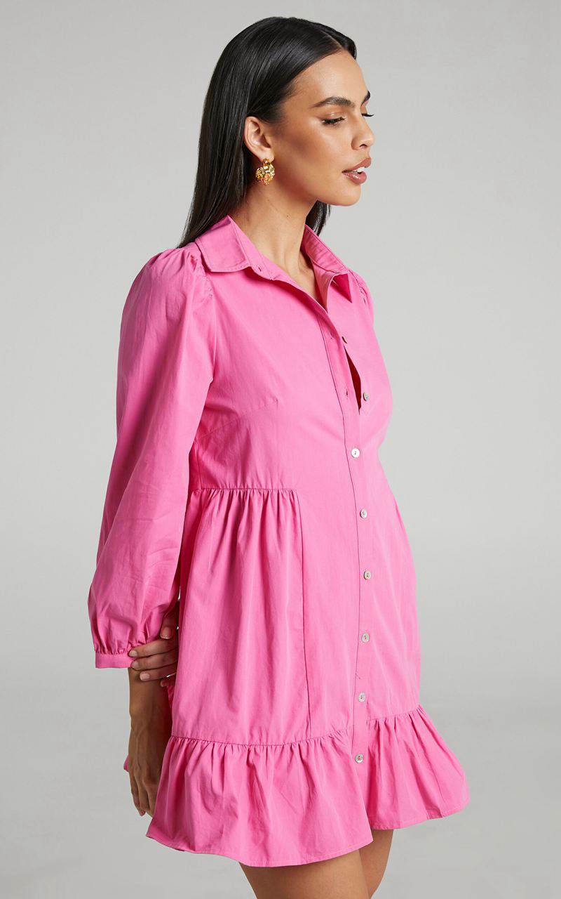 Showpo Maulee Mini Dress - Frill Hem Shirt Dress Pink | MPALZG568