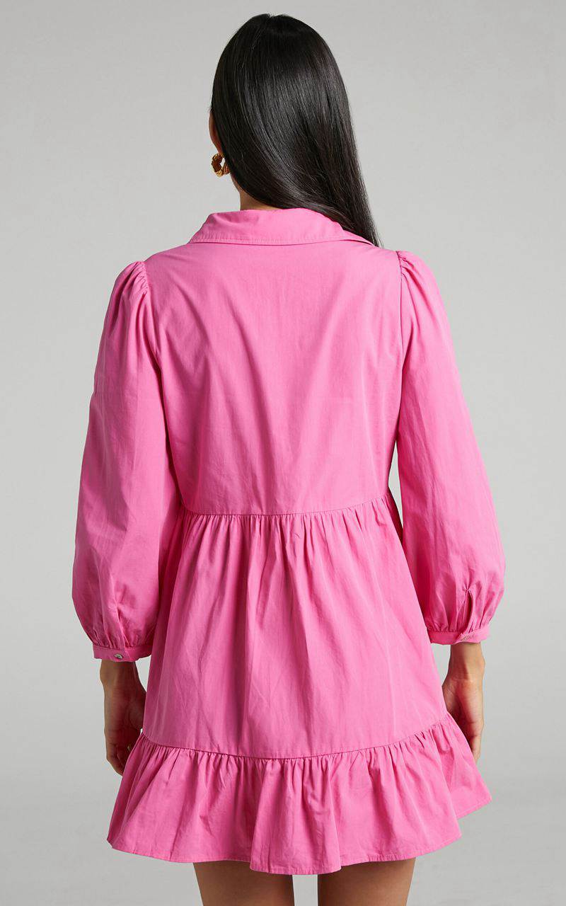 Showpo Maulee Mini Dress - Frill Hem Shirt Dress Pink | MPALZG568