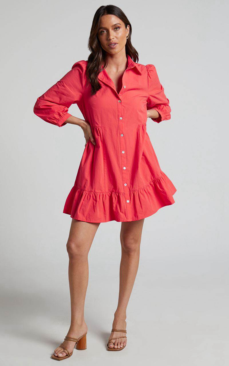 Showpo Maulee Mini Dress - Frill Hem Shirt Dress Oxy Fire | OGBNZU328