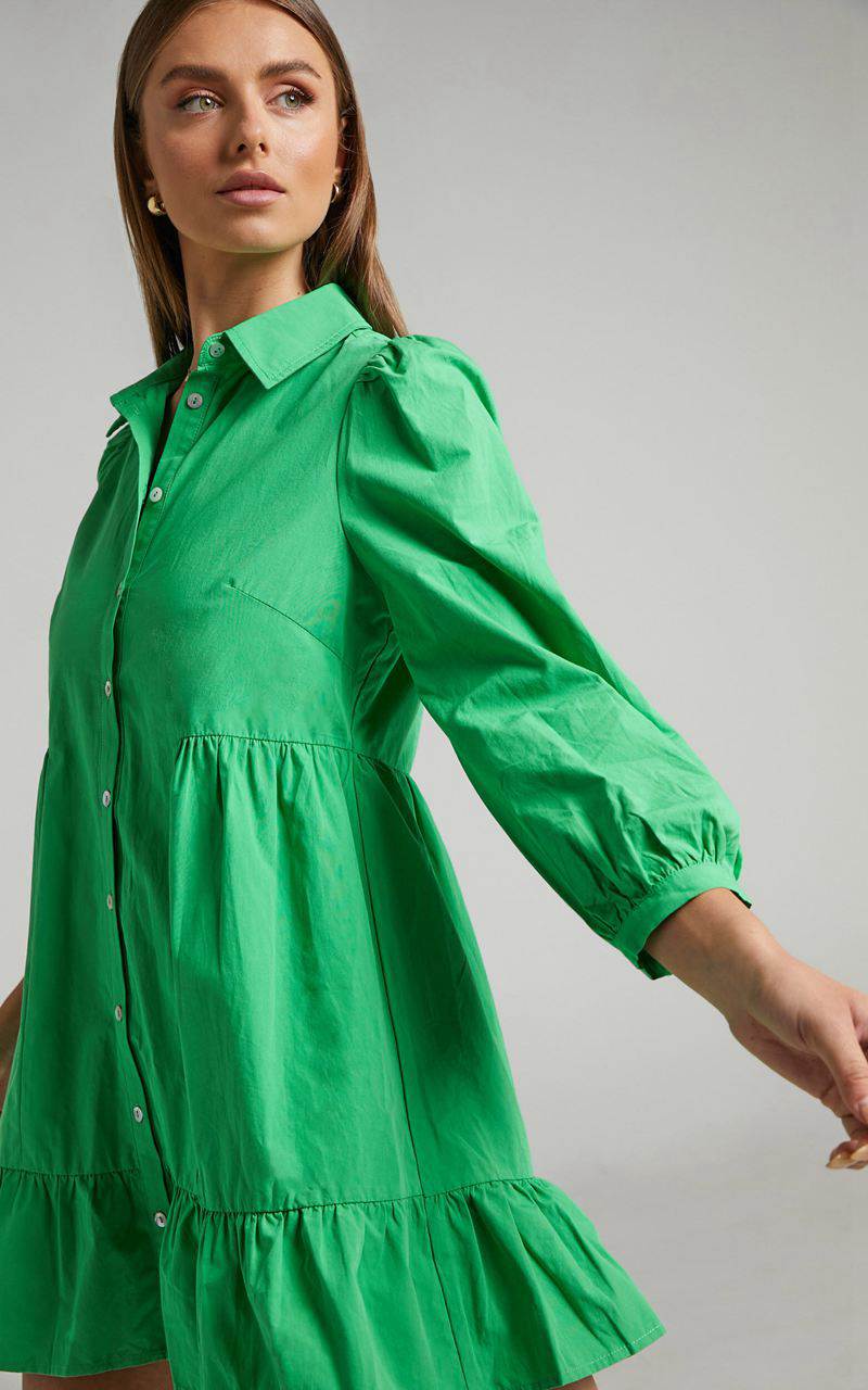 Showpo Maulee Mini Dress - Frill Hem Shirt Dress Green | OQGTUB537