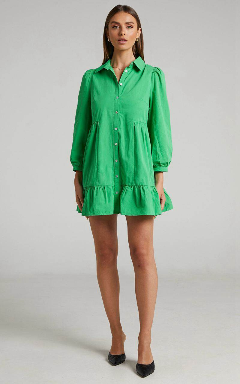 Showpo Maulee Mini Dress - Frill Hem Shirt Dress Green | OQGTUB537