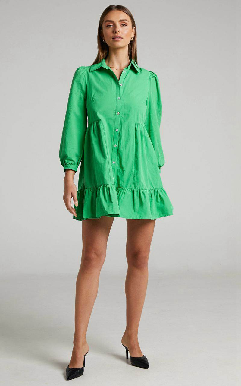 Showpo Maulee Mini Dress - Frill Hem Shirt Dress Green | OQGTUB537