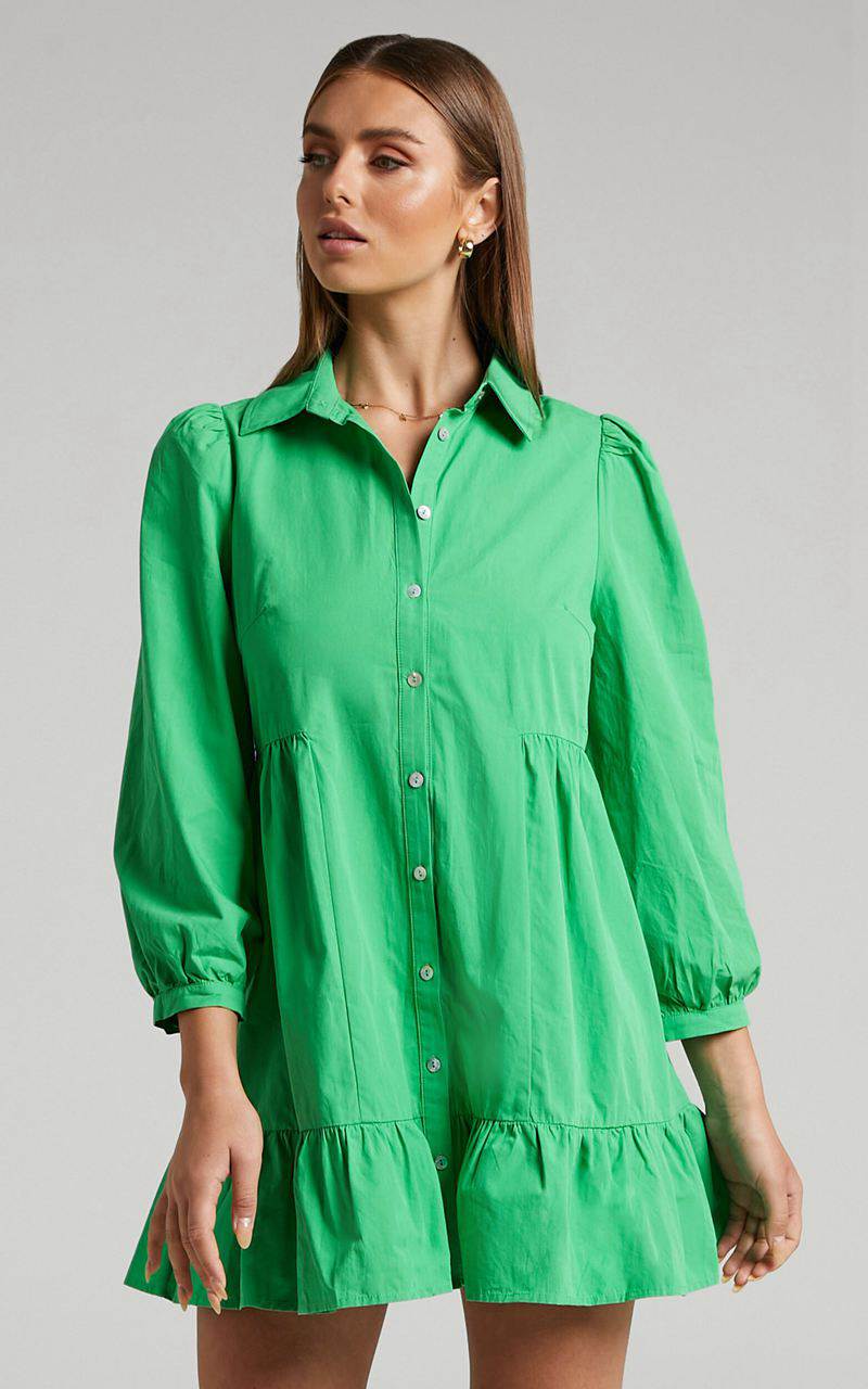 Showpo Maulee Mini Dress - Frill Hem Shirt Dress Green | OQGTUB537