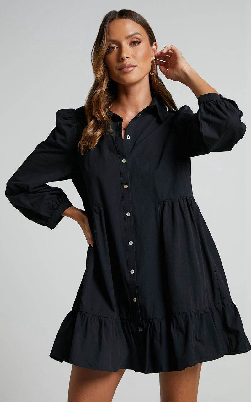 Showpo Maulee Mini Dress - Frill Hem Shirt Dress Black | INPOWQ159