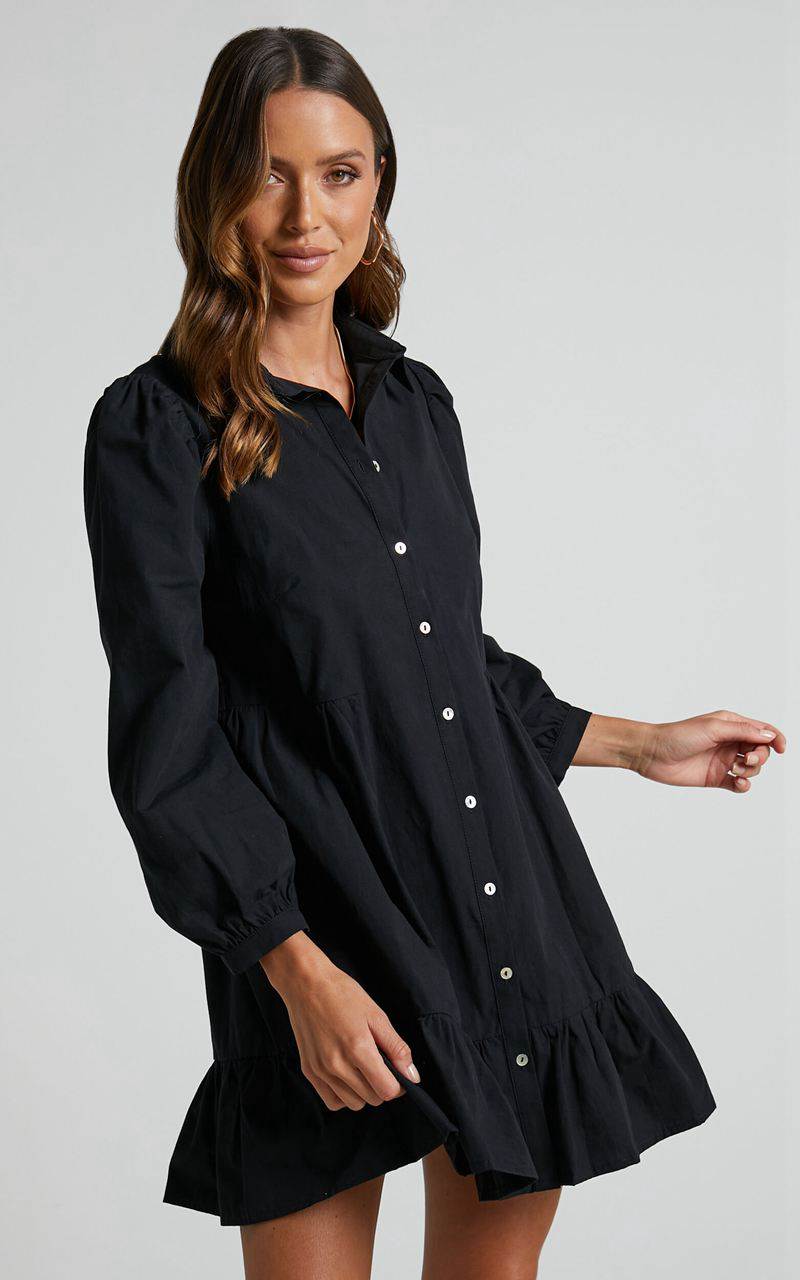 Showpo Maulee Mini Dress - Frill Hem Shirt Dress Black | INPOWQ159