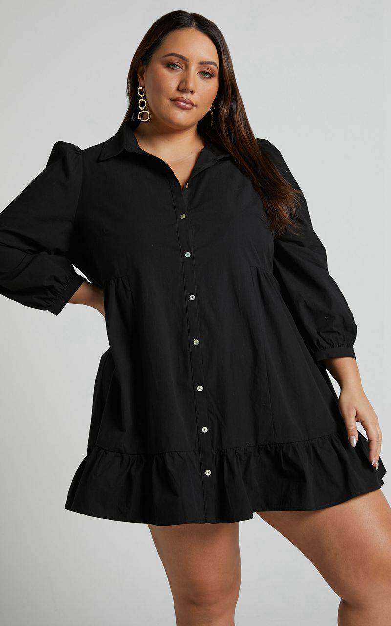 Showpo Maulee Mini Dress - Frill Hem Shirt Dress Black | INPOWQ159