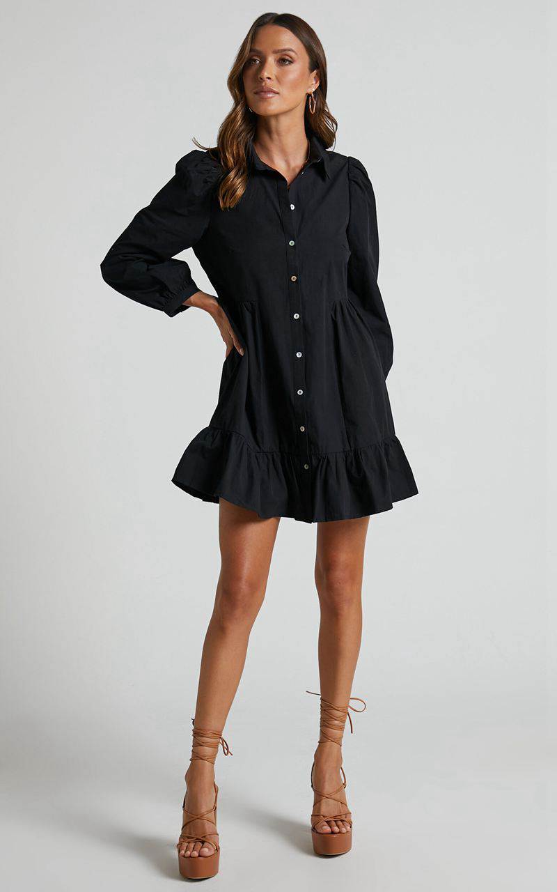 Showpo Maulee Mini Dress - Frill Hem Shirt Dress Black | INPOWQ159