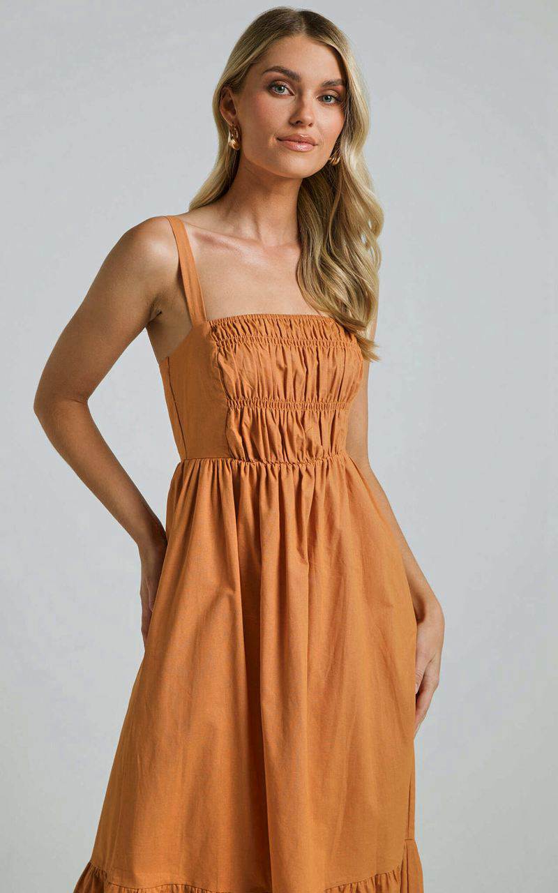 Showpo Mauree Maxi Dress - Straight Sleeveless Tiered Dress Caramel | VDGFLY072