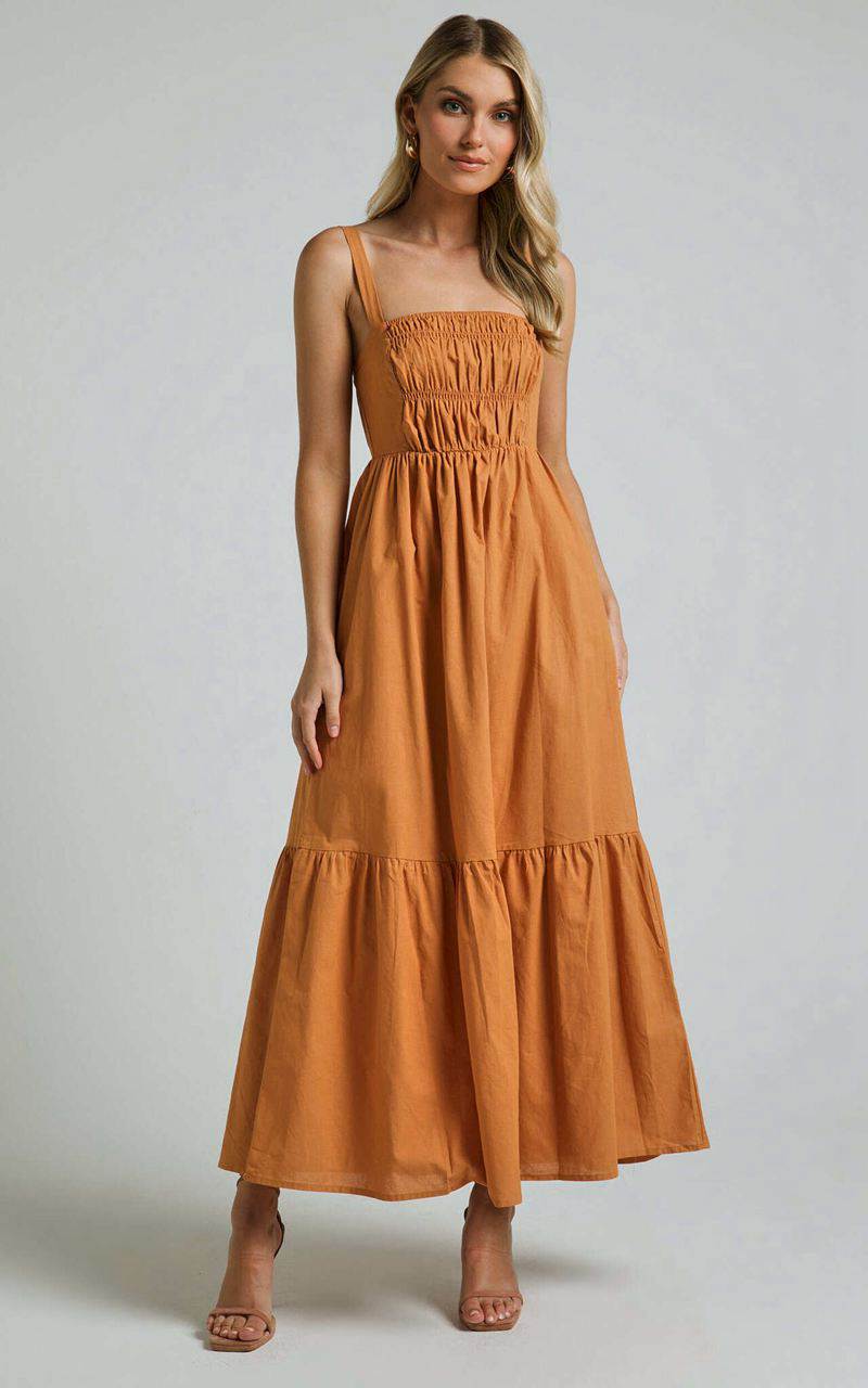 Showpo Mauree Maxi Dress - Straight Sleeveless Tiered Dress Caramel | VDGFLY072