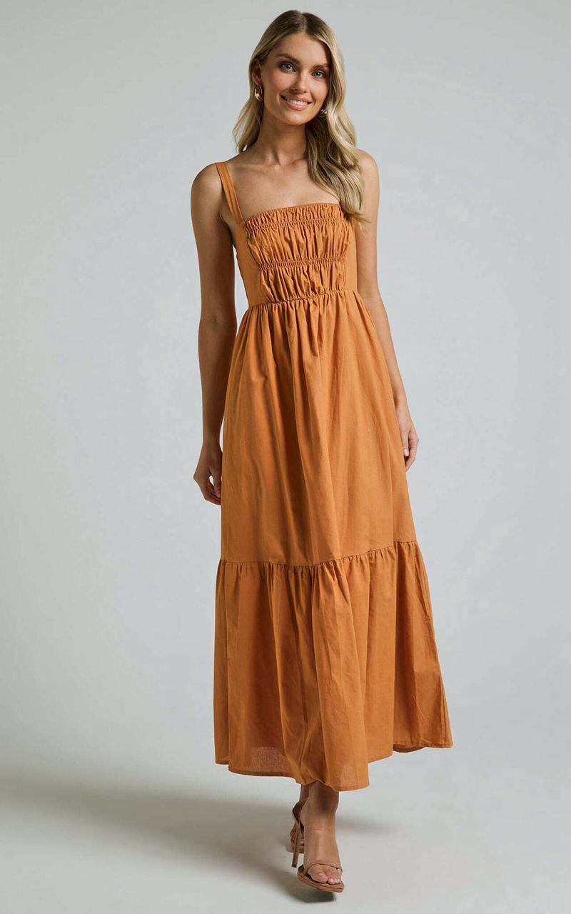 Showpo Mauree Maxi Dress - Straight Sleeveless Tiered Dress Caramel | VDGFLY072