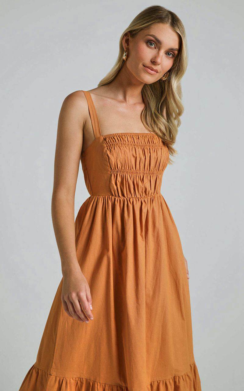 Showpo Mauree Maxi Dress - Straight Sleeveless Tiered Dress Caramel | VDGFLY072