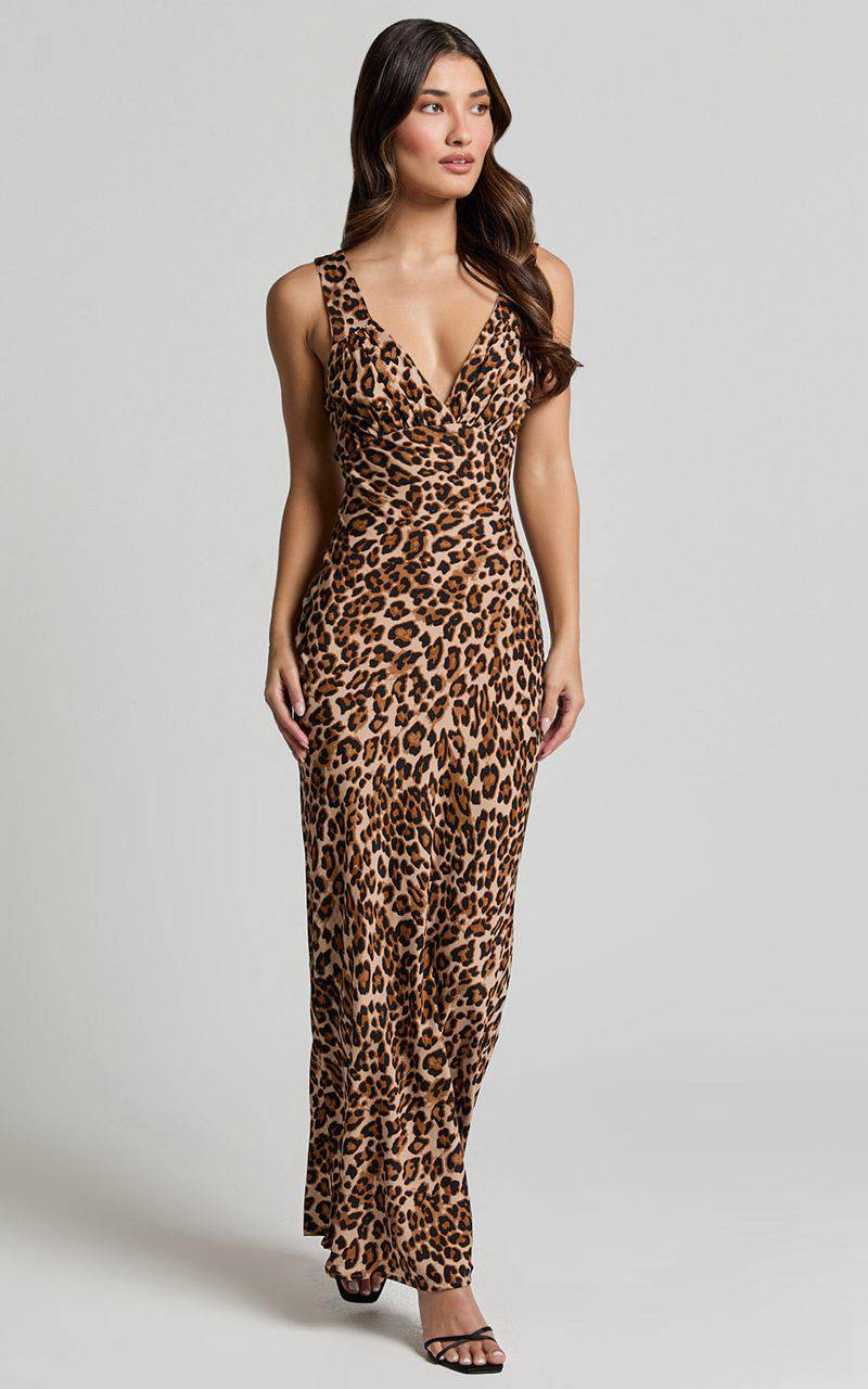 Showpo Mauriel Midi Dress - Deep V Gathered Bust Slip Dress Leopard Print | XUKRAD592