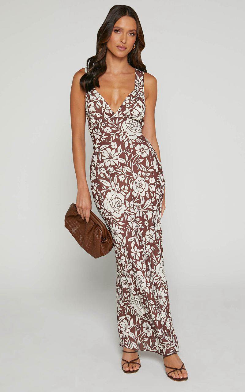 Showpo Mauriel Midi Dress - Deep V Gathered Bust Slip Dress Brown Floral | RKHWFO894