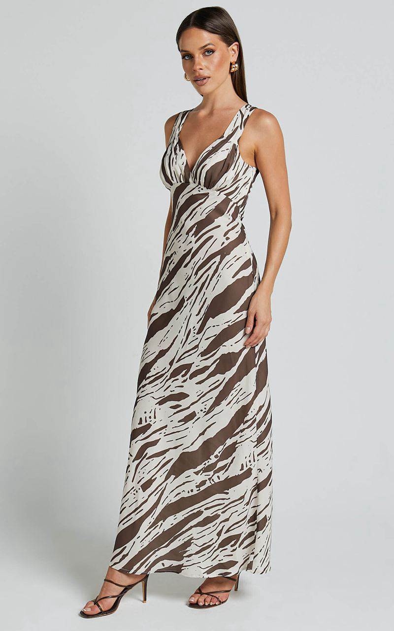 Showpo Mauriel Midi Dress - Deep V Gathered Bust Slip Dress Beige And Chocolate | SRBMAY240