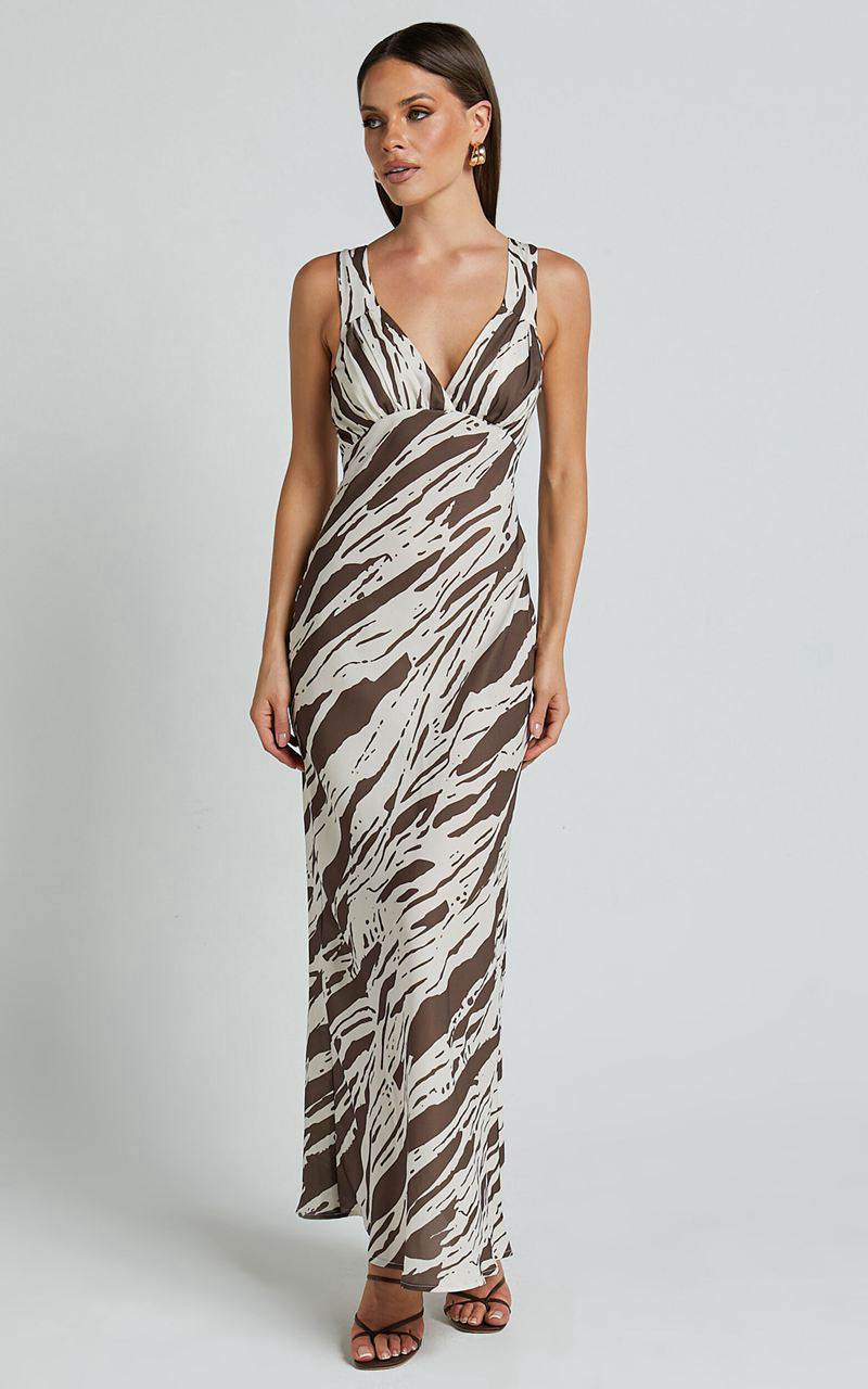 Showpo Mauriel Midi Dress - Deep V Gathered Bust Slip Dress Beige And Chocolate | SRBMAY240