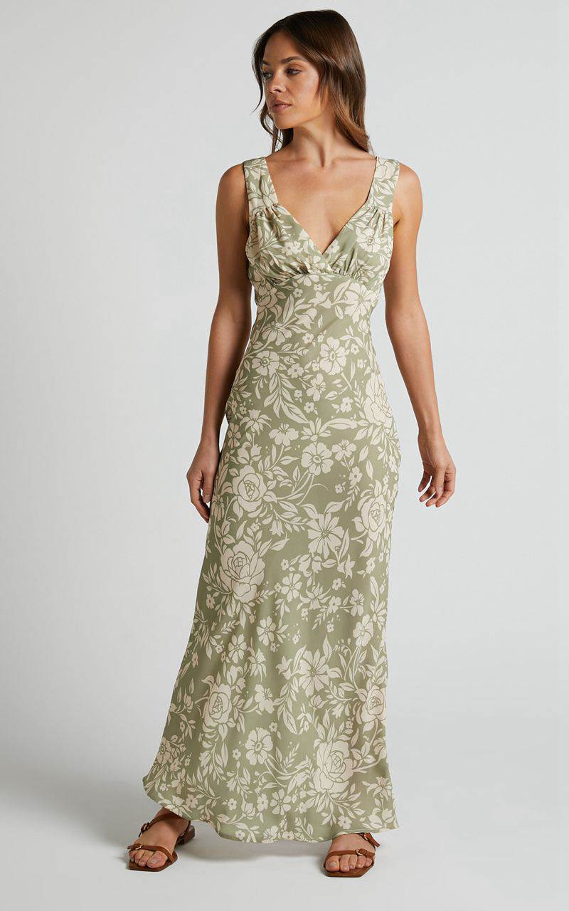 Showpo Mauriel Midi Dress - Deep V Gathered Bust Slip Dress Green Floral | WPQYUH238