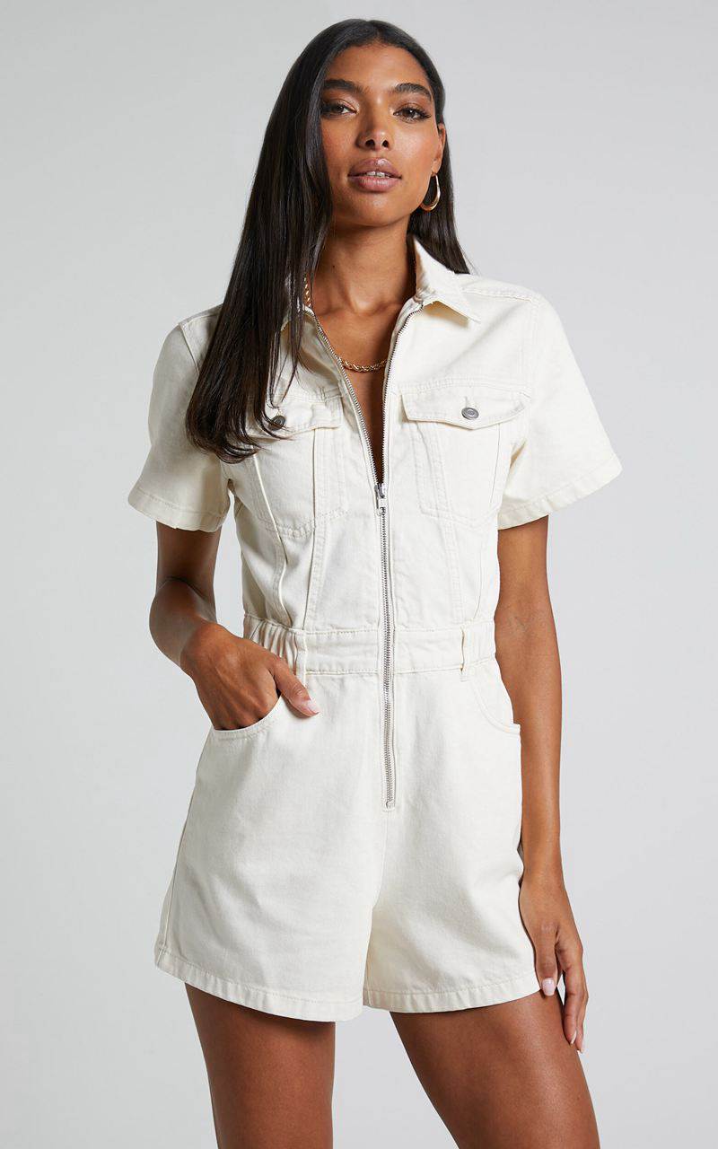 Showpo Mauriel Playsuit - Recycled Cotton Utility Playsuit Ecru | CMAFWJ903