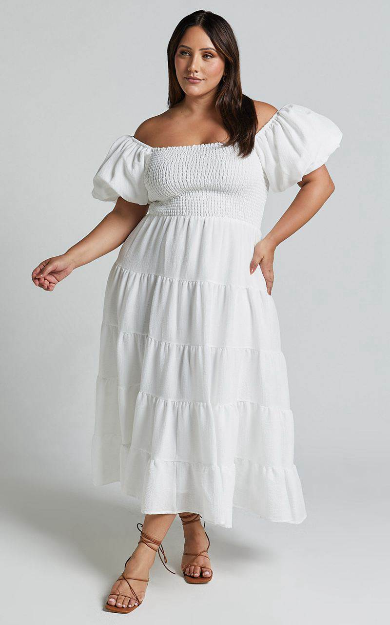 Showpo Maxima Midi Dress - Puff Sleeve Shirred Bodice Tiered Dress White | JXOZVQ839