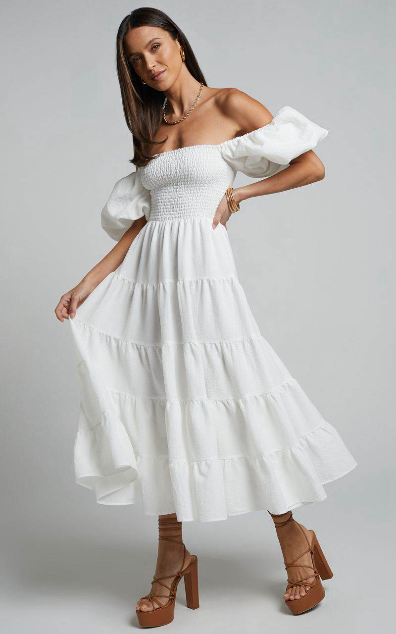 Showpo Maxima Midi Dress - Puff Sleeve Shirred Bodice Tiered Dress White | JXOZVQ839