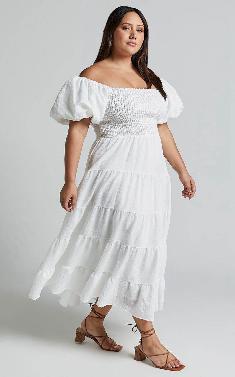 Showpo Maxima Midi Dress - Puff Sleeve Shirred Bodice Tiered Dress White | JXOZVQ839