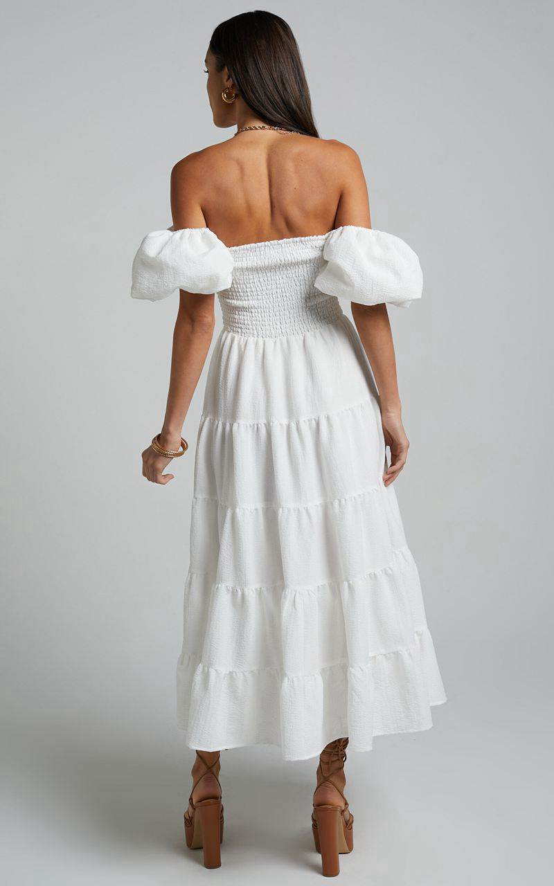 Showpo Maxima Midi Dress - Puff Sleeve Shirred Bodice Tiered Dress White | JXOZVQ839