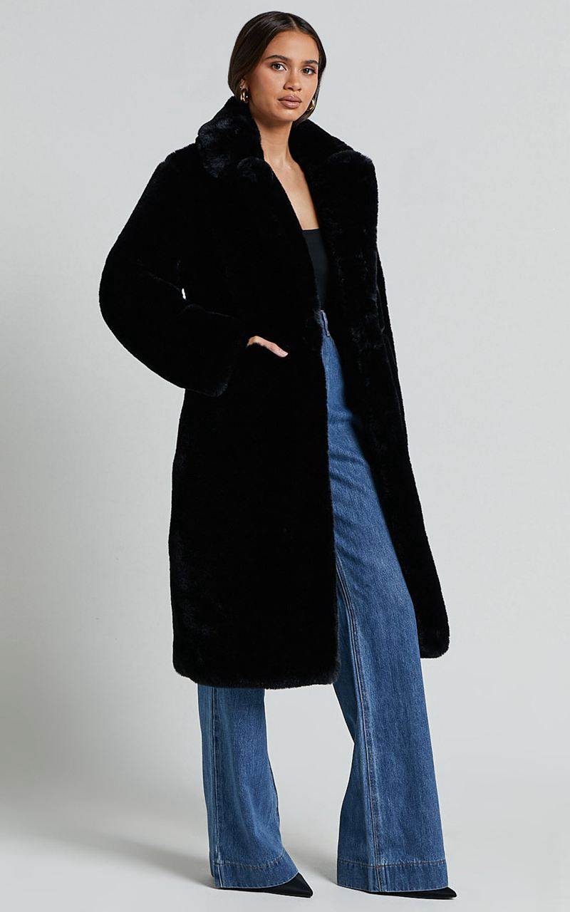 Showpo Maxwell Coat - Long Line Faux Fur Coat Black | DSPUZY206