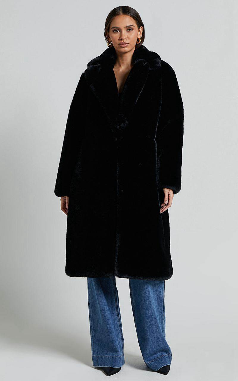 Showpo Maxwell Coat - Long Line Faux Fur Coat Black | DSPUZY206