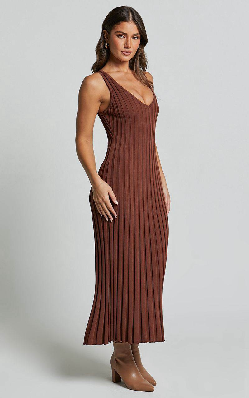 Showpo Maya Midi Knit Dress - Sleeveless V Neck Knited Dress Dark Chocolate | BLMVCP407