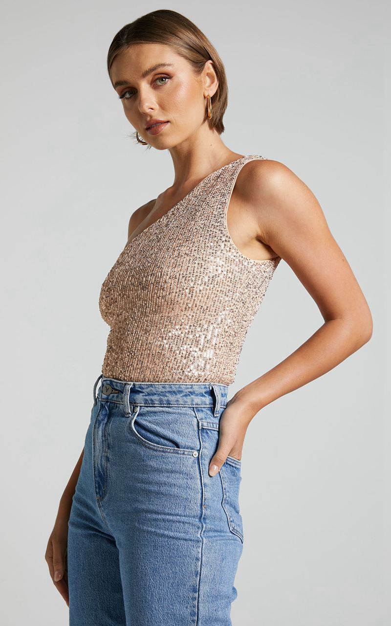 Showpo Mayrin Bodysuit - One Shoulder Sequin Bodysuit Rose Gold | SHGERP409