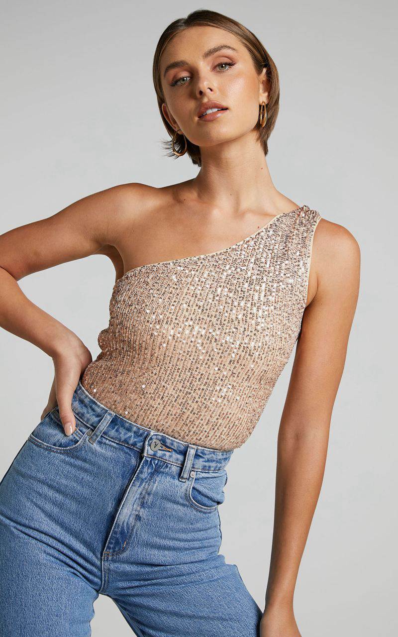 Showpo Mayrin Bodysuit - One Shoulder Sequin Bodysuit Rose Gold | SHGERP409