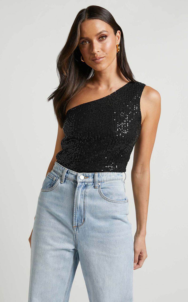 Showpo Mayrin Bodysuit - One Shoulder Sequin Bodysuit Black Sequin | WVHJNY149