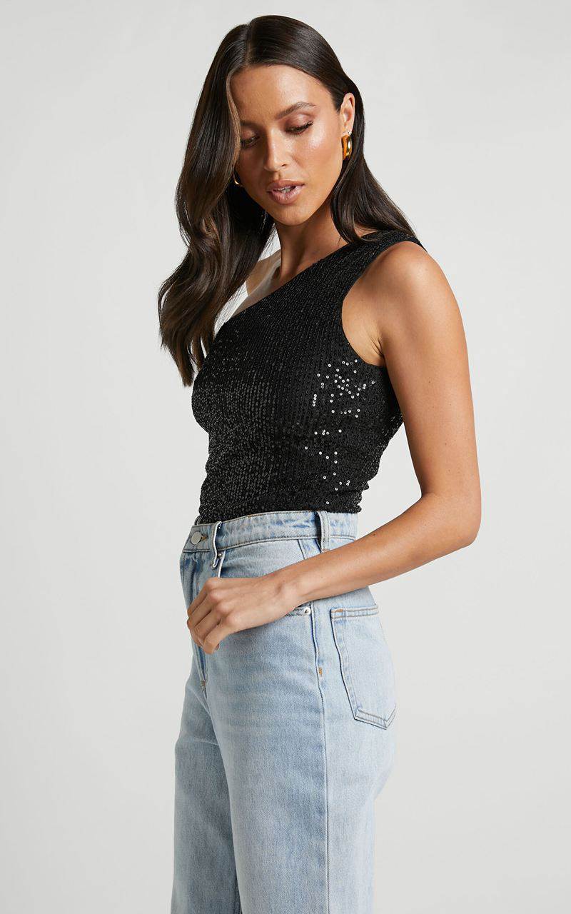 Showpo Mayrin Bodysuit - One Shoulder Sequin Bodysuit Black Sequin | WVHJNY149