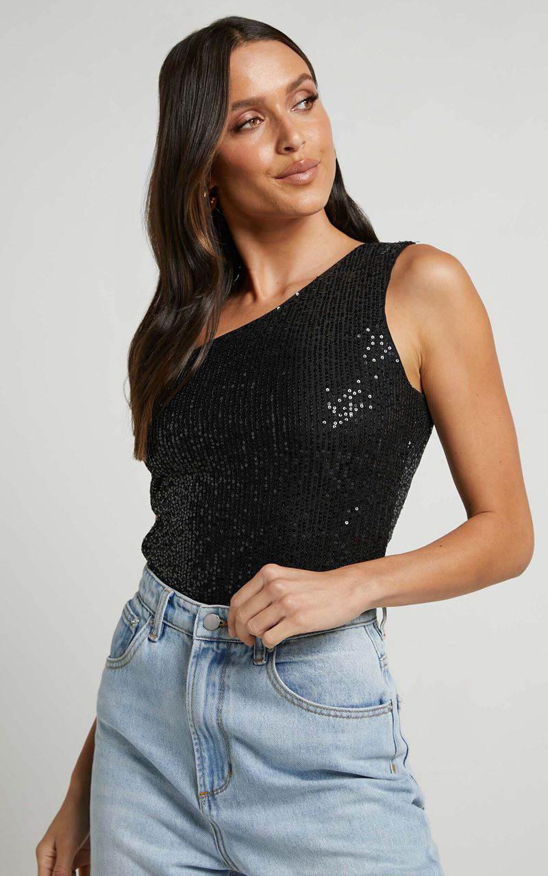 Showpo Mayrin Bodysuit - One Shoulder Sequin Bodysuit Black Sequin | WVHJNY149