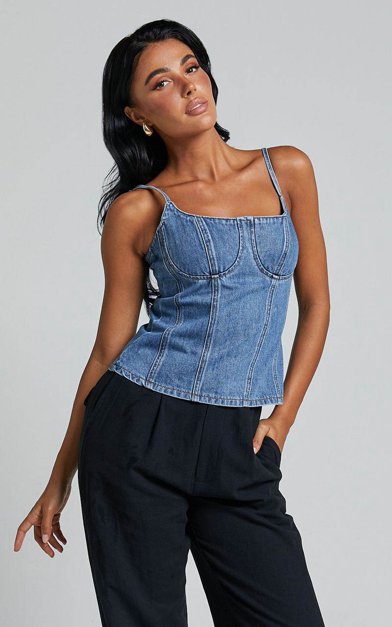 Showpo Mckenna Top - Strappy Bustier Denim Top Mid Blue Wash | JGVZKW106