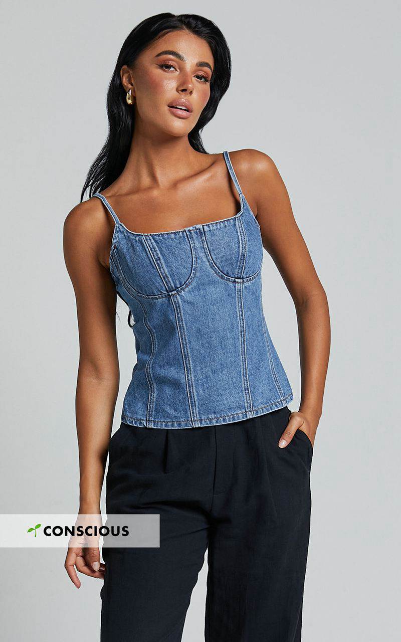 Showpo Mckenna Top - Strappy Bustier Denim Top Mid Blue Wash | JGVZKW106