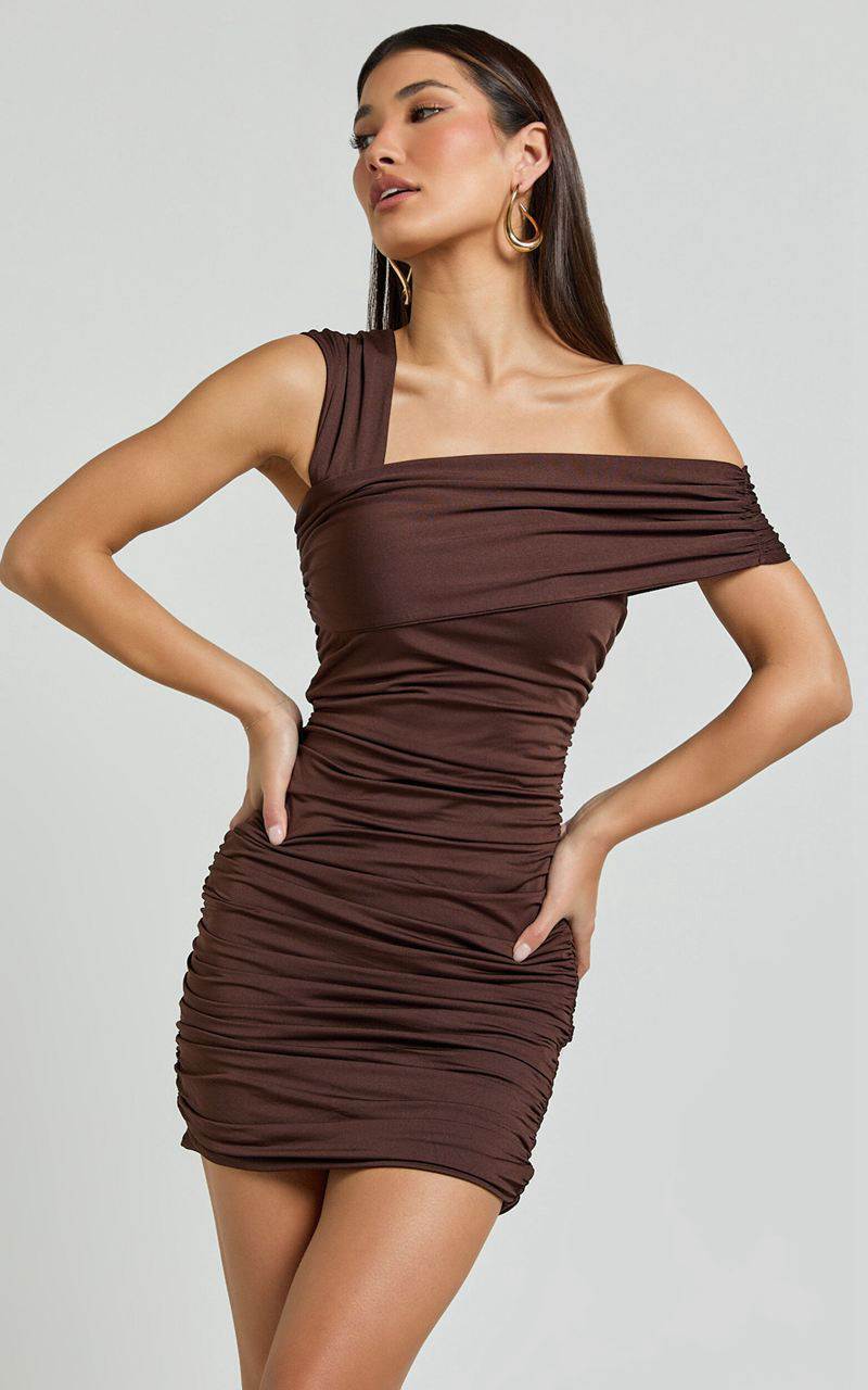 Showpo Meadow Mini Dress - Asymmetrical Off Shoulder Jersey Ruched Dress Chocolate | WXQVKP593