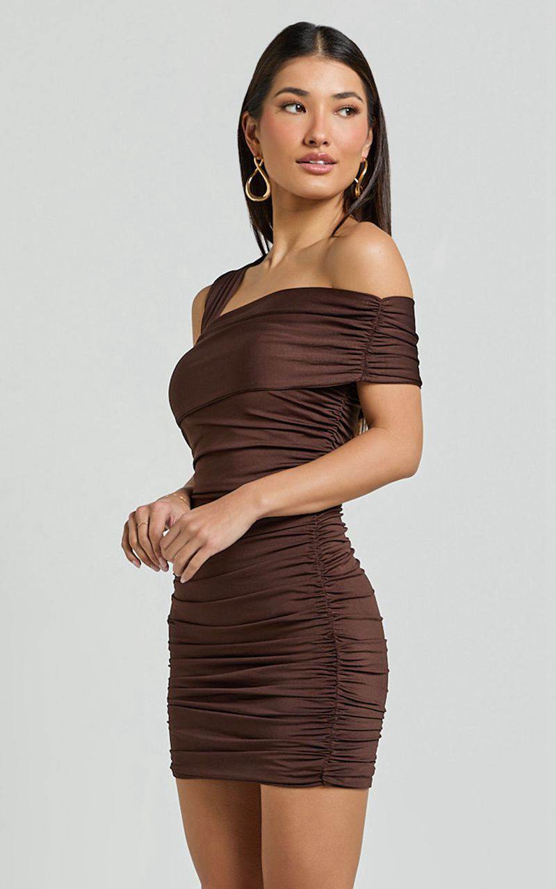 Showpo Meadow Mini Dress - Asymmetrical Off Shoulder Jersey Ruched Dress Chocolate | WXQVKP593